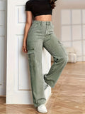 Washed Flap Pockets Cargo Pants, Loose Fit Y2K & Kpop Style Straight Jeans, Women's Denim Jeans & Clothing