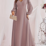 gbolsos  Solid Contrast Lace Dress, Elegant V Neck Long Sleeve Maxi Dress, Women's Clothing