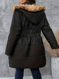 Plus Size Casual Winter Coat, Women's Plus Solid Quilted Fuzzy Trim Hooded Long Sleeve Hooded Nipped Waist Tunic Puffer Coat With Pockets