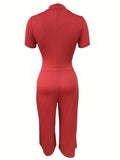 gbolsos  Versatile Solid Jumpsuit, Casual Crew Neck Short Sleeve Palazzo Jumpsuit, Women's Clothing