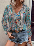 gbolsos  Paisley Print Blouse, Boho V Neck Long Sleeve Blouse, Women's Clothing