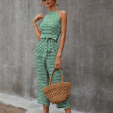 gbolsos  Striped Wide Leg Tie Front Jumpsuit, Boho Sleeveless Jumpsuit For Spring & Summer, Women's Clothing