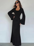 Solid Flared Long Sleeve Dress, Casual Squared Neck Maxi Dress, Women's Clothing