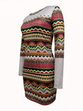 Ethnic Stripe Print Bodycon Dress, Casual Crew Neck Long Sleeve Dress, Women's Clothing