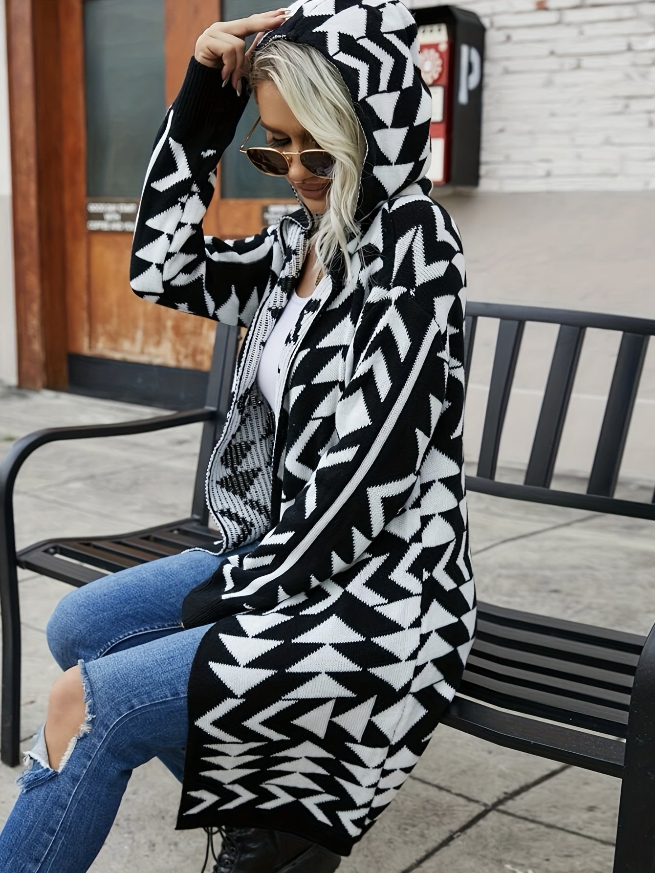 Geometric Pattern Open Front Hooded Cardigan, Casual Long Sleeve Long Length Cardigan For Fall & Winter, Women's Clothing