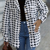 Houndstooth Print Button Front Shirt, Casual Long Sleeve Shirt For Spring & Fall, Women's Clothing