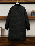 Plus Size Elegant Coat, Women's Plus Argyle Pattern Quilted Long Sleeve Button Up V Neck Longline Puffer Coat