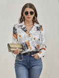 Allover Print Button Front Blouse, Casual Cuff Sleeve Blouse For Spring & Fall, Women's Clothing