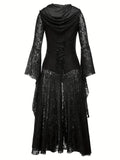 gbolsos  Women's Gothic Corset Waist Hoodie Lace Dress with Flare Sleeves and Lapel - Perfect for Halloween and Cosplay