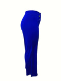 Plus Size Elegant Pants, Women's Plus Solid Button Decor High Rise Wide Leg Trousers