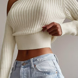 gbolsos   Ribbed Asymmetrical Neck Knit Crop Sweater, Sexy Cold Shoulder Long Sleeve Pullover Sweater, Women's Clothing