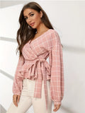 Plaid Print Surplice Neck Blouse, Casual Long Sleeve Blouse For Spring & Fall, Women's Clothing