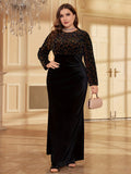 gbolsos  Plus Size Elegant Bridesmaid Dress, Women's Plus Shiny Sequin Long Sleeve Round Neck Mermaid Hem Bodycon Party Dress