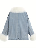 gbolsos  Fluffy Plush Collar & Cuffs Winter Warm Fur Fleece Coat, Extra Large Square Pockets Drawstring Hem Denim Jacket, Women's Denim Jackets