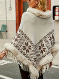 Tassel Fuzzy Trim Cape Tops, Boho Ethnic Pattern Winter Outerwear, Women's Clothing