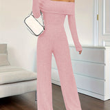 Ribbed Off Shoulder Jumpsuit, Casual Long Sleeve Jumpsuit For Spring & Fall, Women's Clothing