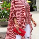 gbolsos  Striped Print Turndown Collar Blouse, Casual Long Sleeve Asymmetrical Hem Long Length Blouse, Women's Clothing