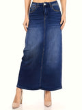 Blue High Stretch Denim Midi Skirt, Slant Pockets High Waist Casual Denim Skirt, Women's Denim Clothing