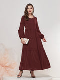 Ruched Lantern Sleeve Dress, Casual Crew Neck Solid Maxi Dress, Women's Clothing