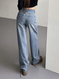 gbolsos  Loose Fit Washed Straight Jeans, Slant Pockets Non-Stretch Casual Denim Pants, Women's Denim Jeans & Clothing