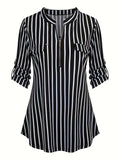 Striped Zipper Blouse, Casual 3/4 Sleeve Stand Collar Blouse, Women's Clothing