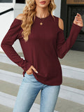 Solid Cold Shoulder T-Shirt, Casual Crew Neck Long Sleeve Top For Spring & Fall, Women's Clothing