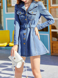 gbolsos Long Sleeves Lapel Denim Dress, Flap Pockets Mid-Stretch With Waistband Peplum Denim Dress, Women's Denim Clothing