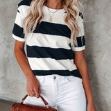 gbolsos  Short Sleeve Striped T-Shirt, Crew Neck Casual Top For Summer & Spring, Women's Clothing