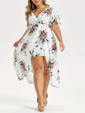 Plus Size Elegant Dress, Women's Plus Floral Print Short Sleeve V Neck Layered Hem Dress