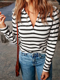 gbolsos  Striped V Neck Knitted Top, Elegant Long Sleeve Lightweight Sweater, Women's Clothing