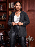 gbolsos  Plus Size Casual Denim Jacket, Women's Plus Solid Hooded Drawstring Zipper Long Sleeve Denim Jacket With Pockets