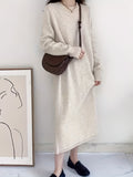 gbolsos  Solid Crew Neck Sweater Dress, Elegant Long Sleeve Loose Knitted Dress For Spring & Fall, Women's Clothing