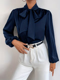 Solid Tie Neck Blouse, Elegant Long Lantern Sleeve Blouse For Spring & Fall, Women's Clothing