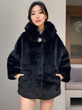 gbolsos Faux Fur Zip Up Hooded Coat, Casual Button Long Sleeve Winter Warm Outerwear, Women's Clothing