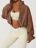 gbolsos  Zip Up Drop Shoulder Jacket, Casual Solid Long Sleeve Drawstring Crop Jacket For Fall, Women's Clothing