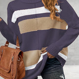 gbolsos  Plus Size Casual Sweater, Women's Plus Colorblock Long Sleeve Turtle Neck Slight Stretch Sweater