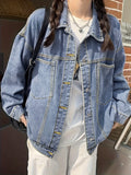 gbolsos  Plain Loose Fit Denim Jackets, Patch Pockets Long Sleeves Lapel Versatile Denim Coats, Women's Denim Clothing