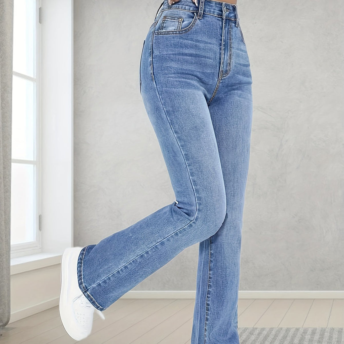 Light Blue Casual Bootcut Jeans, Mid-Stretch Slant Pockets High Waist Denim Pants, Women's Denim Jeans & Clothing