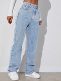 Light Blue Versatile Straight Jeans, Loose Fit Slash Pockets Baggy Denim Pants, Women's Denim Jeans & Clothing