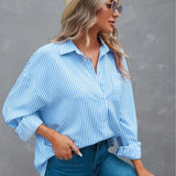 gbolsos  Striped Drop Shoulder Shirt, Versatile Patched Pockets Shirt For Spring & Fall, Women's Clothing