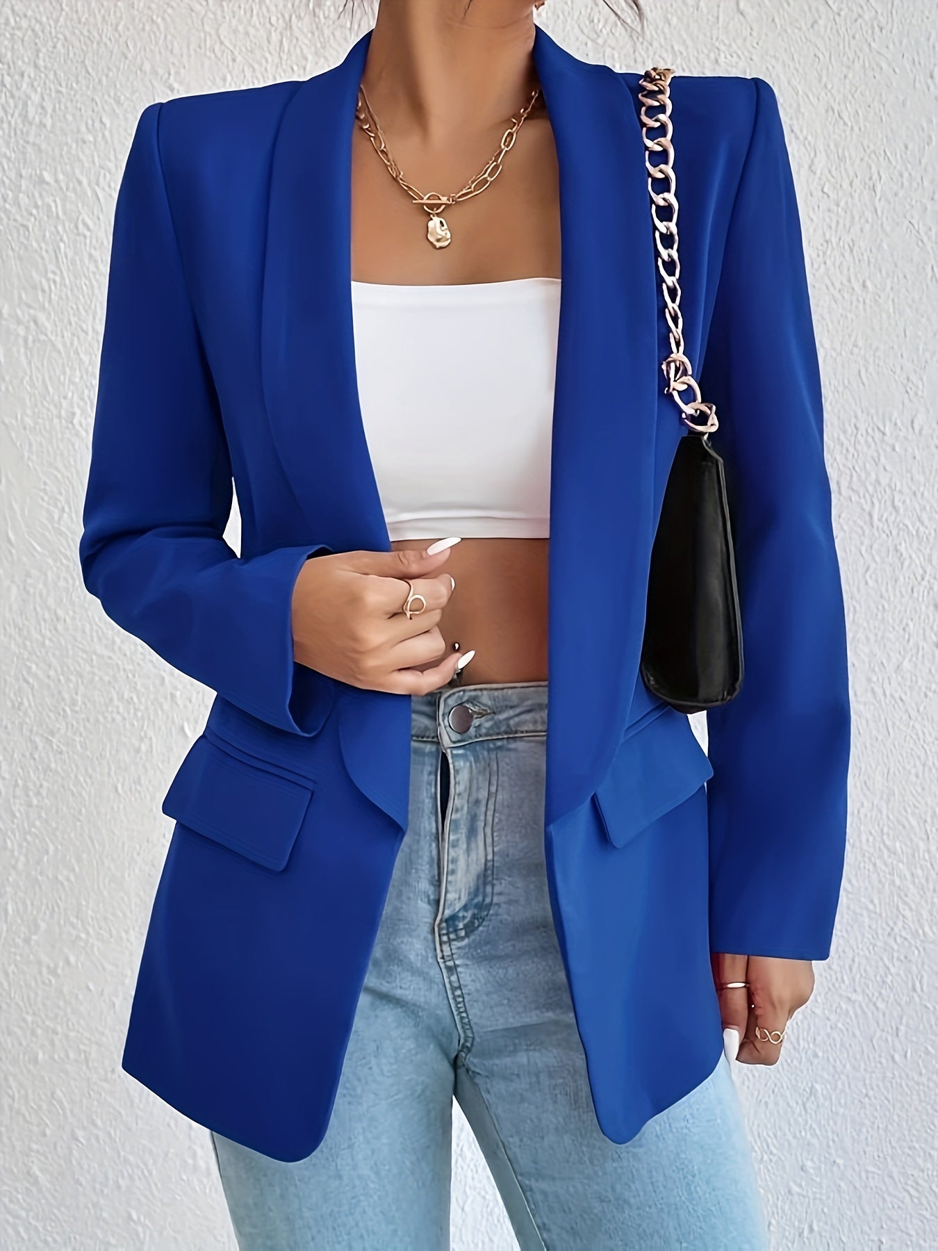 gbolsos  Shawl Collar Solid Blazer, Elegant Open Front Long Sleeve Outerwear, Women's Clothing