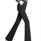 Long Flare Leg Pants, Casual High Waist Work Solid Elastic Pockets Fashion Pants, Women's Clothing