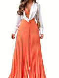 gbolsos  Plus Size Solid Pleated Wide Leg Pants, Casual High Waist Pants, Women's Plus Size Clothing