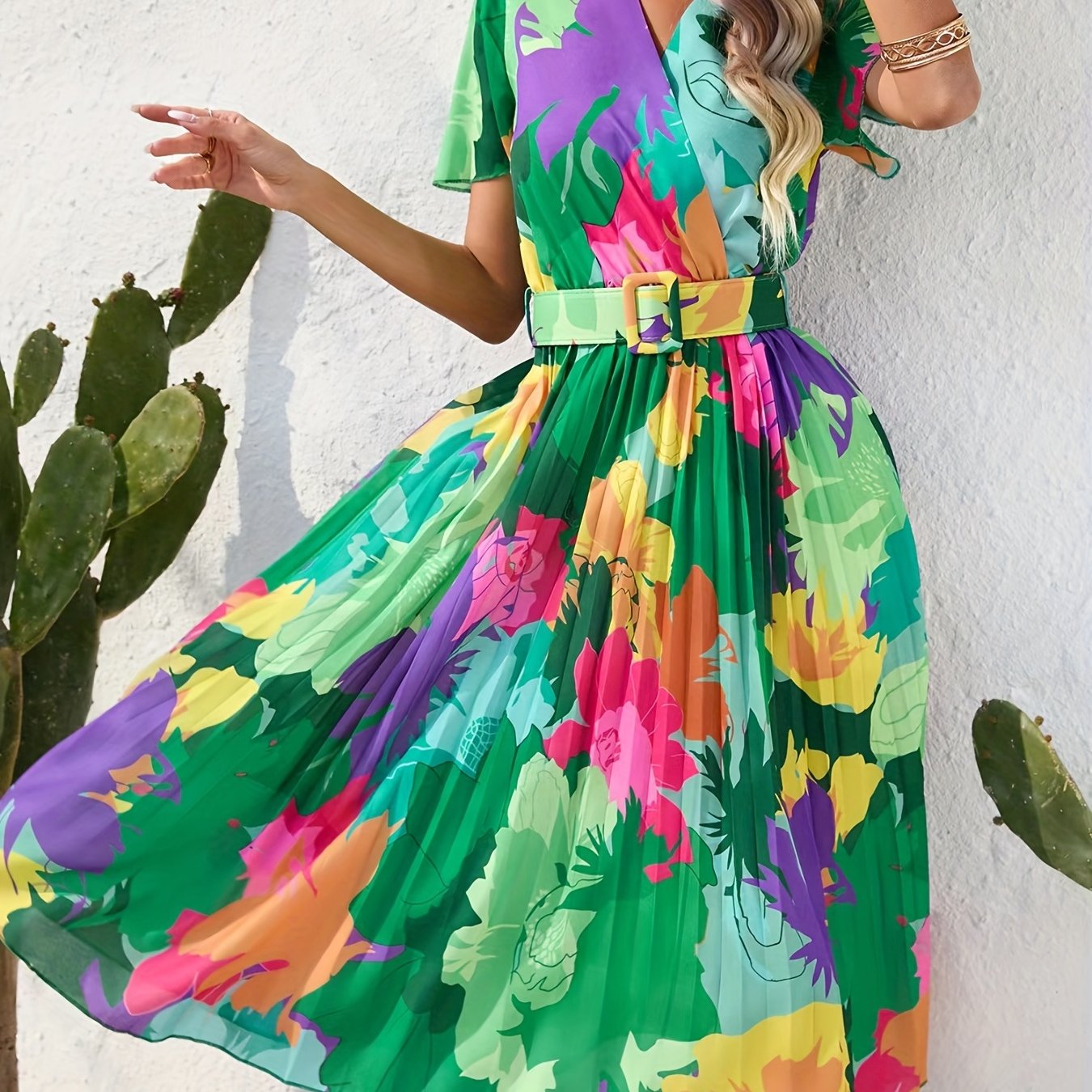 gbolsos  Floral Print Pleat Dress With Belt, Boho Surplice Neck Short Sleeve Dress For Spring & Summer, Women's Clothing