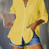 gbolsos  Plus Size Basic Blouse, Women's Plus Plain Long Sleeve Turn Down Collar Button Up Shirt
