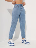 gbolsos  Blue Slant Pockets Tapered Jeans, Straight Legs Non-Stretch Casual Mom Jeans, Women's Denim Jeans & Clothing