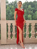 gbolsos  Sequined Split Thigh Dress, Elegant Maxi Dress For Party & Banquet, Women's Clothing