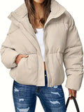 Plus Size Casual Coat, Women's Plus Solid Quilted Long Sleeve Zip Up Lapel Collar Puffer Coat With Pockets