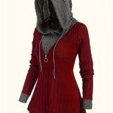 Color Block Zipper  Hoodie, Casual Long Sleeve Drawstring Hoodies Sweatshirt, Women's Clothing