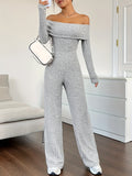 Ribbed Off Shoulder Jumpsuit, Casual Long Sleeve Jumpsuit For Spring & Fall, Women's Clothing